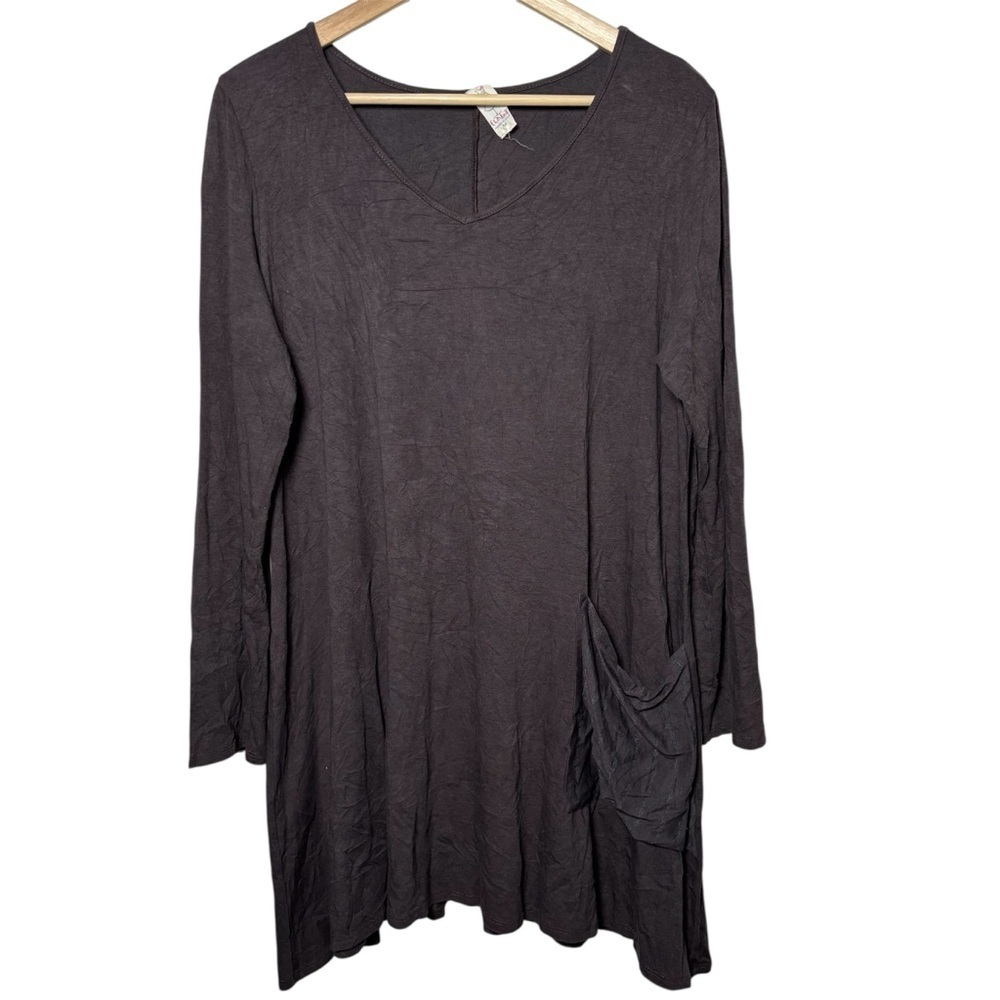 Chalet Lagom Top Women Medium Brown Lagenlook Pocket Pullover Long Sleeve FLAW